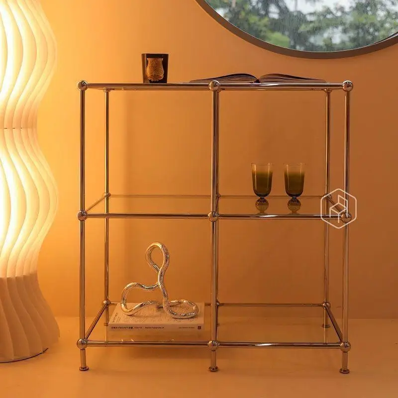 Medieval ins wind module stainless steel multi-layer side cabinet simple versatile glass shelf collection display