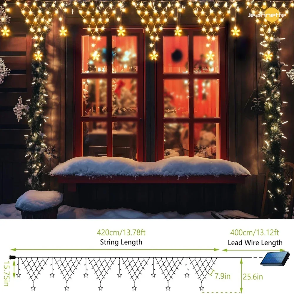 Imagem -04 - Solar ue Eua Plug Net Luzes ao ar Livre Cortina de Luz de Fadas Pendurado Estrelas Led Luz da Corda para Festa de Casamento Feriado Decoração de Natal