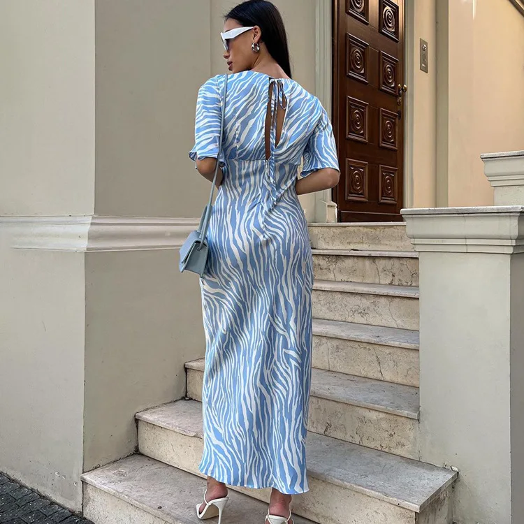 2024 New Arrival V-Neck Short SLeeve Women Summer Boho Vacation Long Dress Elegant Striped Maxi Dress Vestidos Clothes