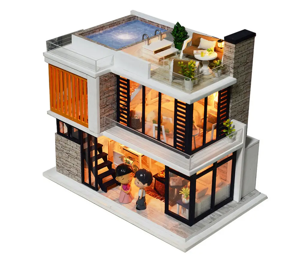 Kit de Villa de bricolage de Style européen moderne, modèle de maison 3D inspiré de la floraison avec intérieur lumineux et piscine de toit, artisanat de Puzzle assemblé à la main
