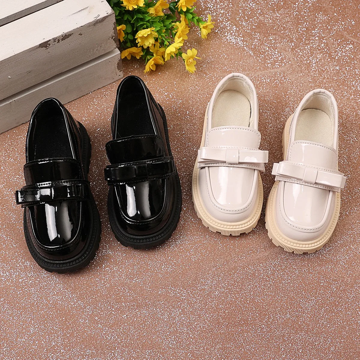 Girls Black Uniform Shoes for School Students Flats Round Toes Glossy 2025 Spring Autumn Children Leather Shoes British Style