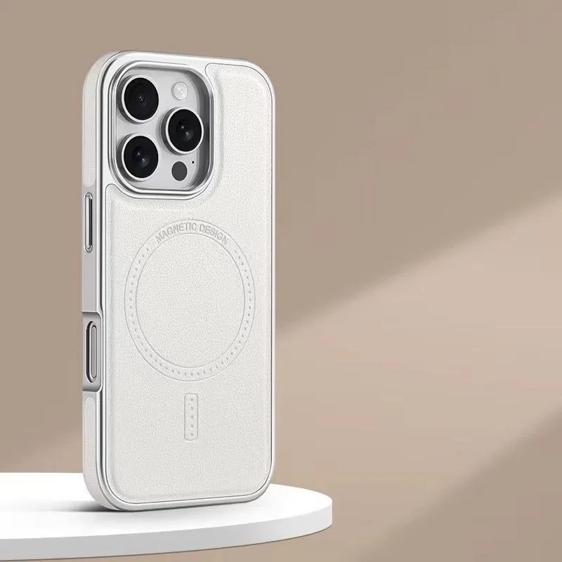 Luxuriöse Plating-Rahmen PU-Lederhülle für iPhone 13 14 15 16 17 18 Pro Max mit Magsafe Magnetischer Drahtloser Ladefunktion Stoßfeste Abdeckung – Detail 9