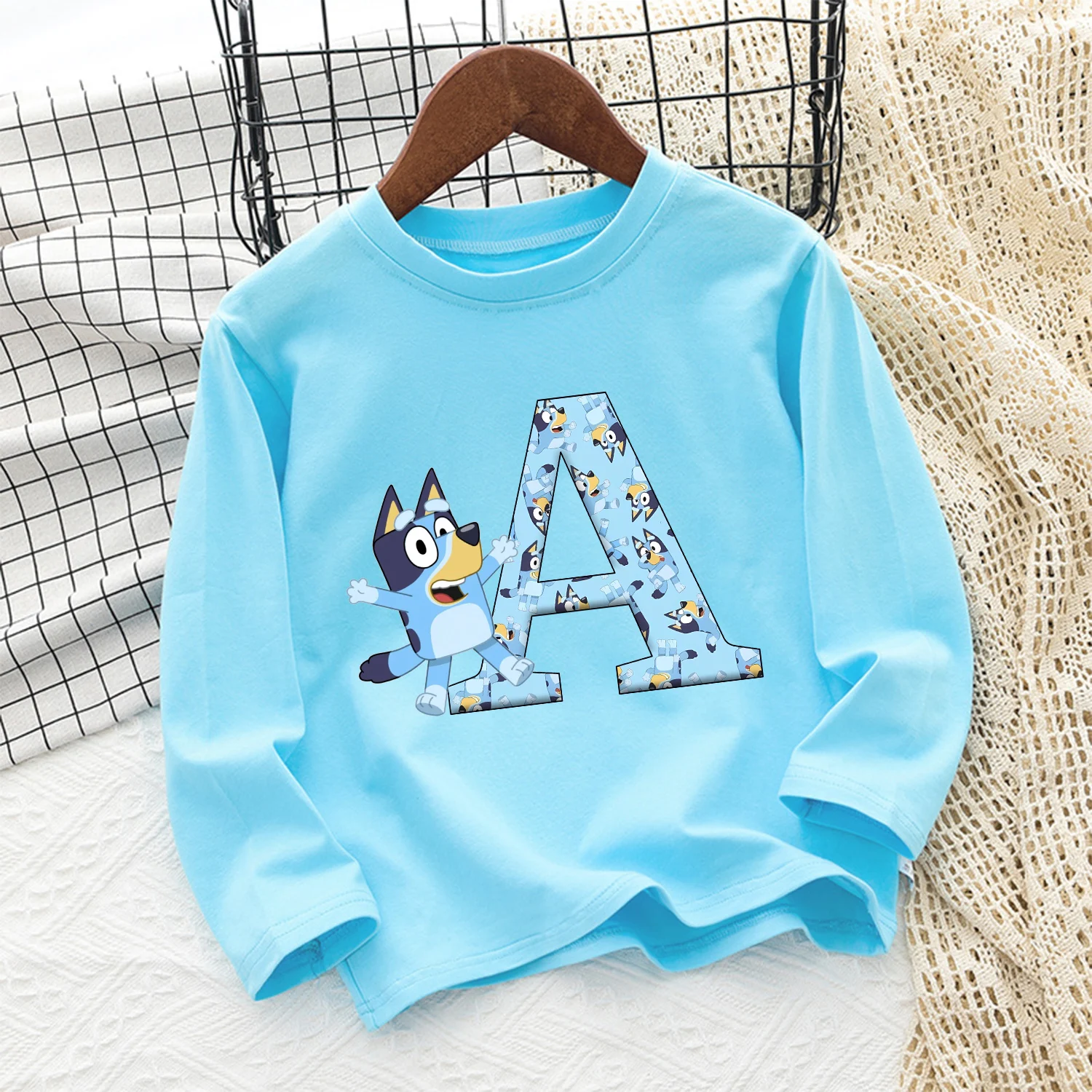 blueys Long Sleeve for Children Cartoon Letter A-Z Clothing Anime Blue Casual Caftan Fashion Kids Clothes Round Neck Blouse Gift