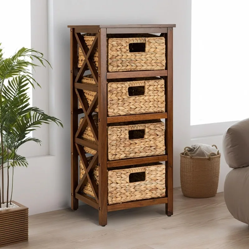 4 Tier X-Side End Storage Cabinet with 4 Wicker Baskets, Walnut