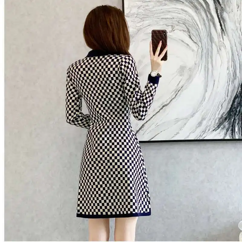 #0959 Spring Autumn Plaid Knitted Dress Women Polo Collar Office A-line Sweater Dress Sexy Office Short Dress Female High Waist
