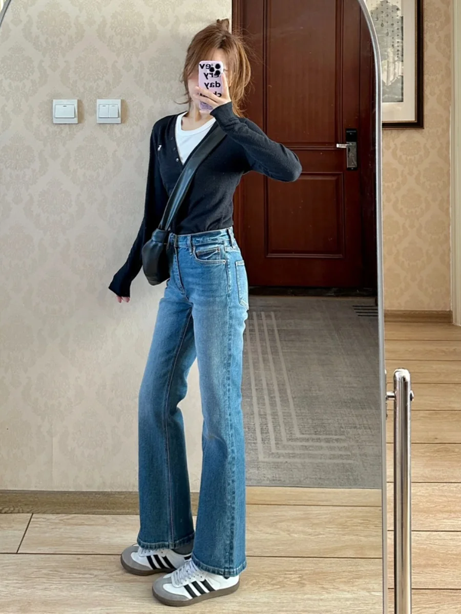 Retro Blue High Waist Slimming Bell Bottom Jeans Women's Miniature Spring Autumn  Hoof Micro Flared Denim Pants