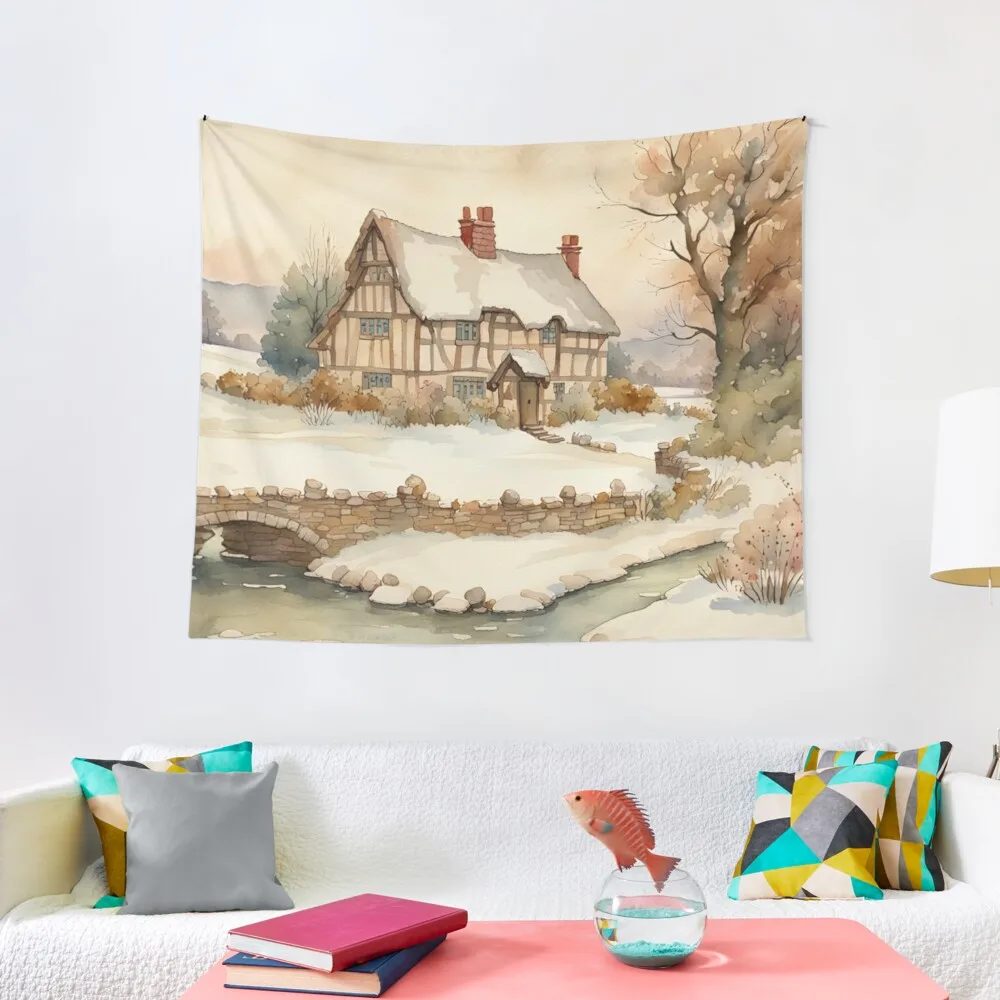 Traditional Old English Medieval Cottage in Winter Watercolor Tapestry Wall Art Decorative Paintings Home Decoration Tapestry