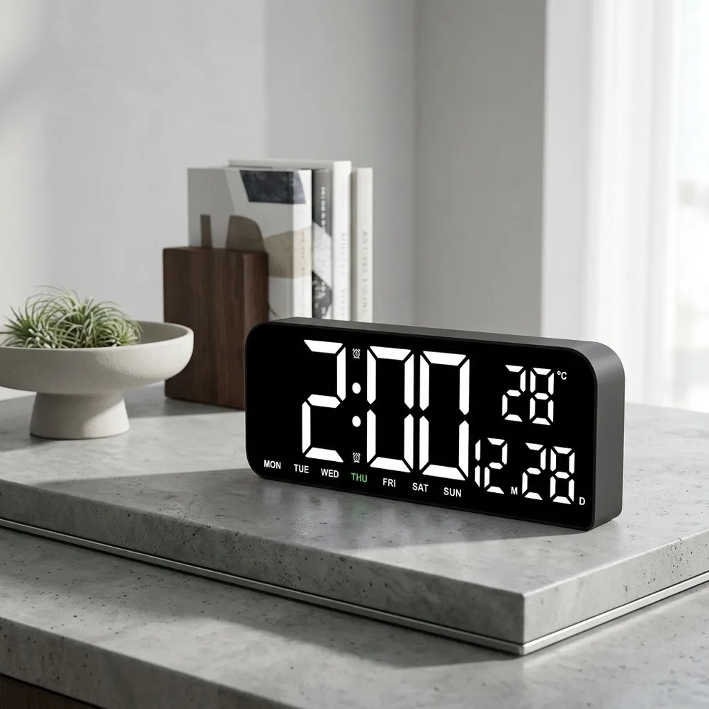 Large LED Alarm Clock With Temperature Calendar Countdown 24H Format White Plastic Desktop Table Wall Mounted Home Office Decor