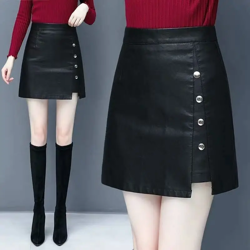 2024 women's new high waist, autumn skirt with a word, thin PU leather skirt