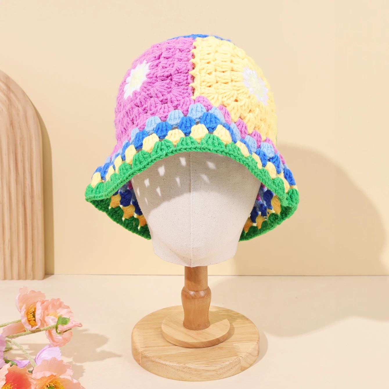 قبعة حوض محبوكة مصنوعة يدويًا على شكل زهرة مجوفة للنساء، قبعة صياد السمك متعددة الاستخدامات للخريف/الشتاء، تظليل الشمس #1