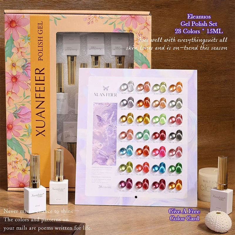 

28PCS Eleanuos Star Cat Eye Gel Polish Long Lasting Shiny Rainbow Colors Gentle Style Semi Permanent UV/LED Cured Soak-Off Nail