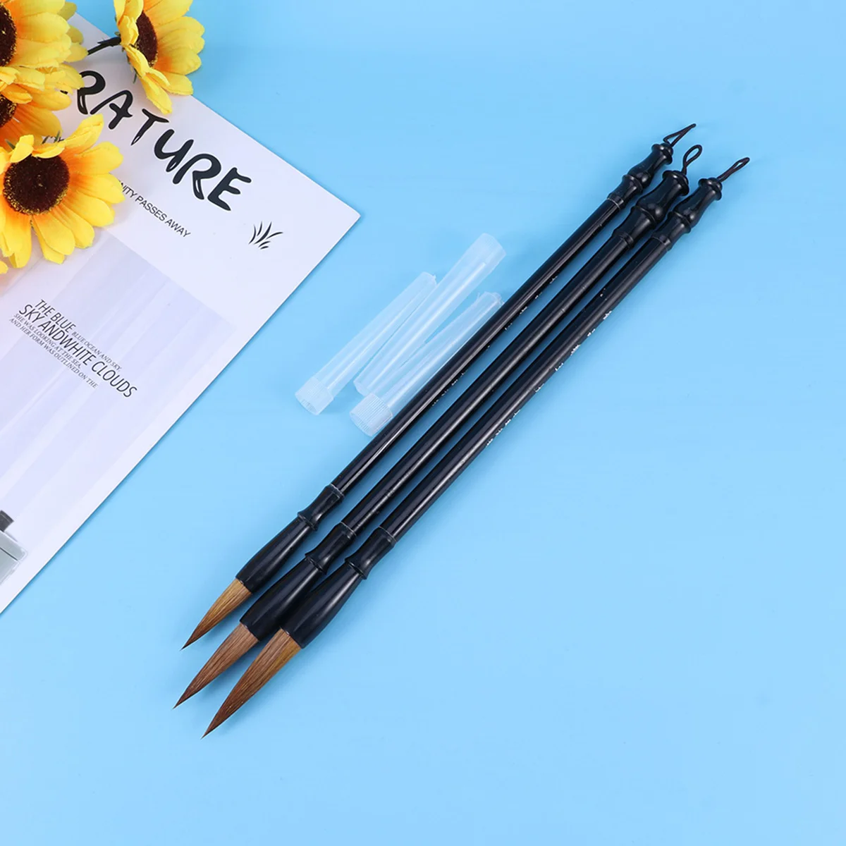 3pcs Excellent Wolf Hair Chinese Caligraphy Kanji Japanese Sumi Drawing Brush - Size Large / Small / Medium (Black+Brown)