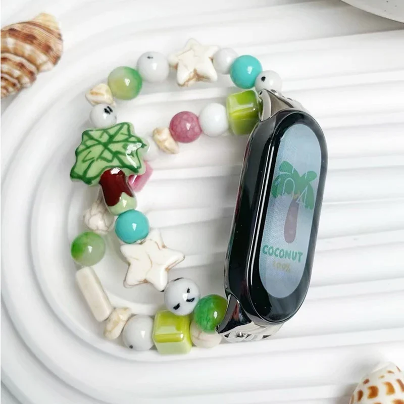 Cute Coconut Trees Strap for Xiaomi Mi Band 9 8 Summer Beach Bead Bracelet for MiBand 6 5 4 3 Handmade Jewelry Elastic Wristband