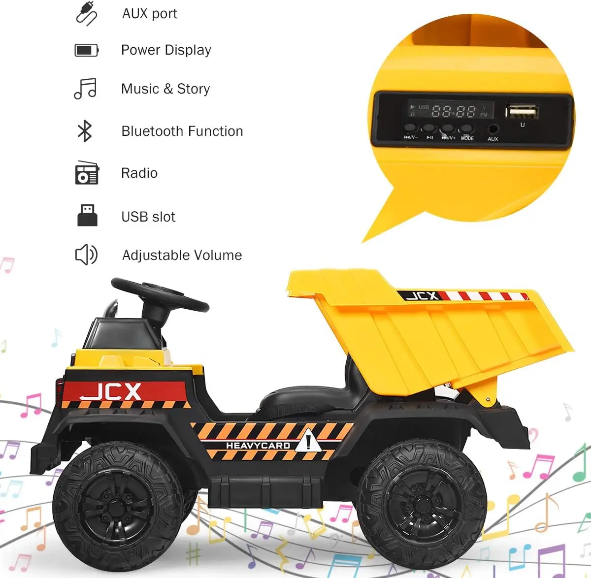 Paseo en coche, camión volquete de 12 V con control remoto, cama volquete eléctrica, música, bocina, USB, AUX, neumáticos roscados, pala, 3 velocidades,