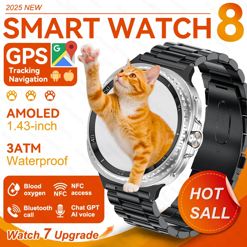 

Новые часы8 Встроенные GPS Смарт-часы Мужчины 1,43-дюймовый экран 3ATM Водонепроницаемые NFC Чат GPT Сердечный ритм Bluetooth Вызов Спортивные умные часы