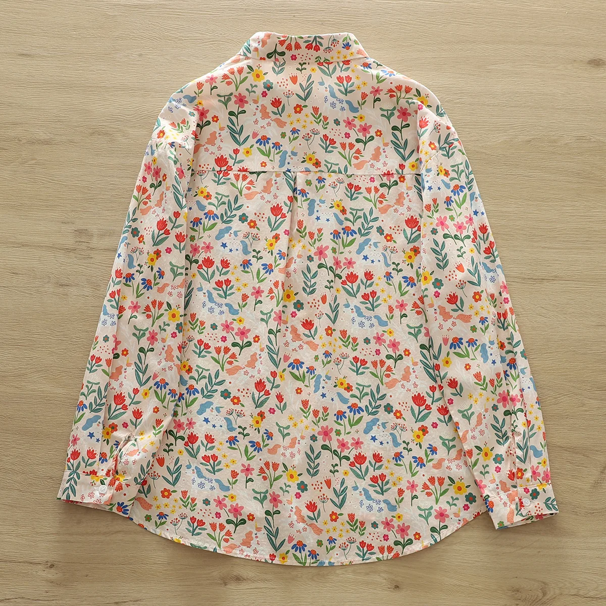 New Autumn Cotton Shirts Women Round Collar Cute Flower Print Tops Long Sleeve Pocket Loose Casual Blouses Spring T38524JM