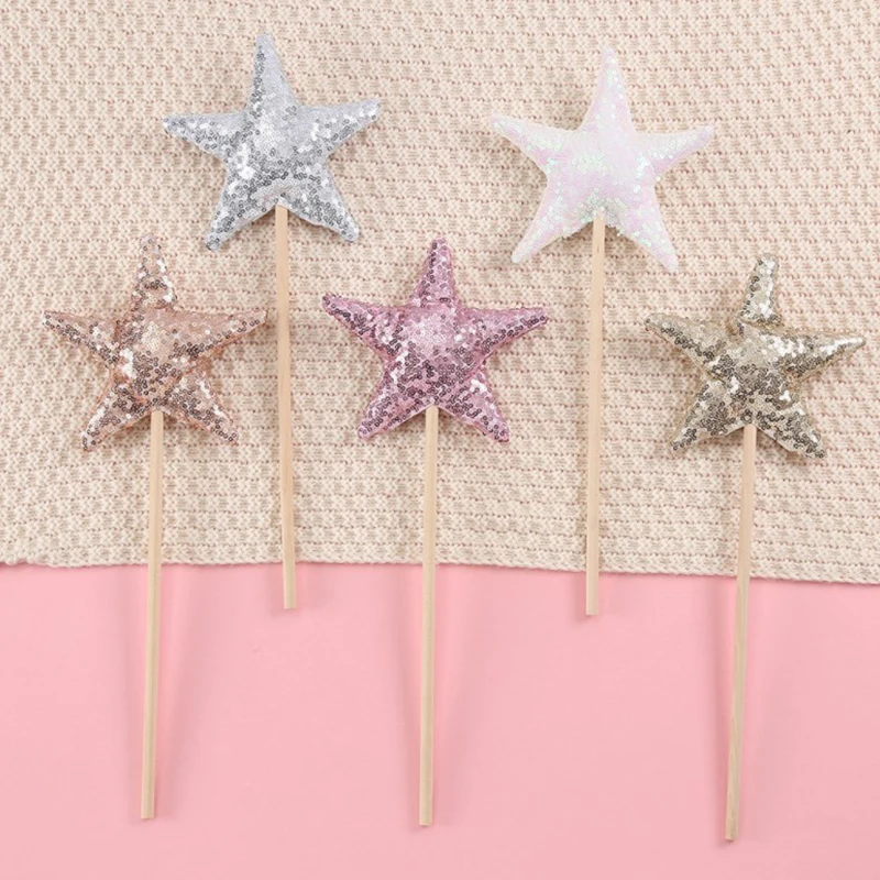 INS อาบน้ําเด็กสาว Glitter มงกุฎสีชมพู Boy Birthday Party Headwear Stage Performance แถบคาดศีรษะ Star Fairy Stick