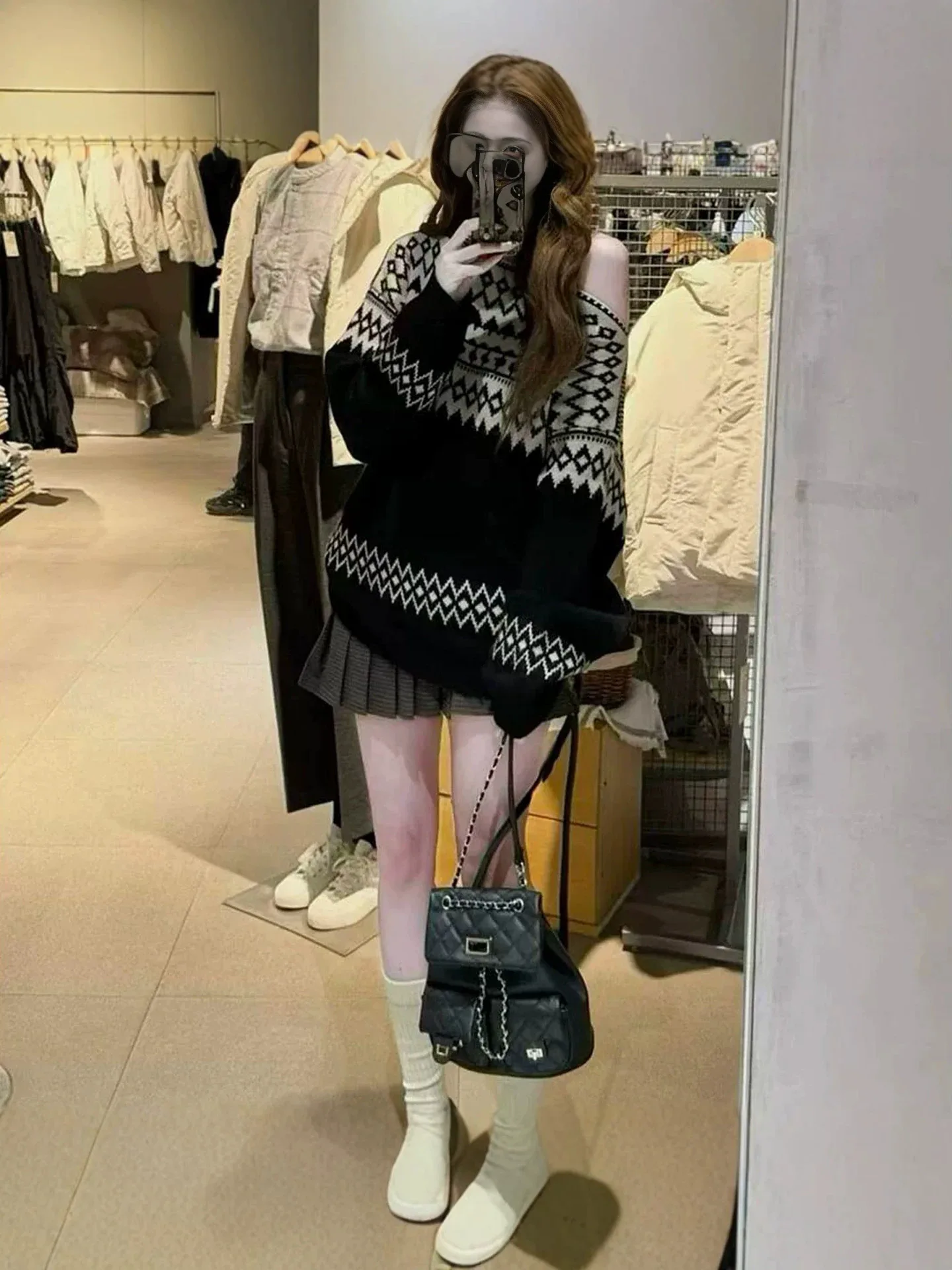 Korean Color-blocked Off-shoulder Long Sleeve Sweater for Women, Autumn Winter, Designer Style, Soft, Elegant, Loose Lazy Fit