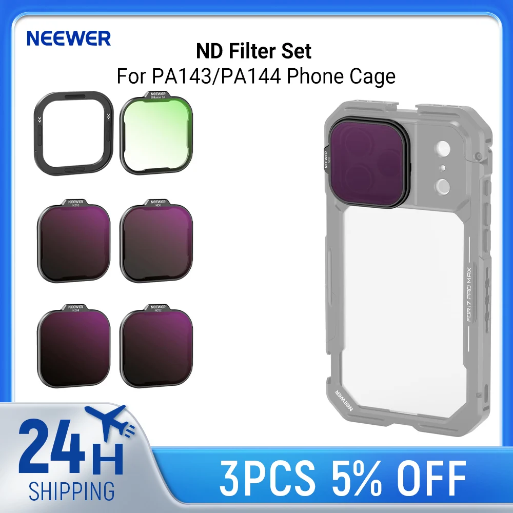 

Набор фильтров NEEWER ND для телефонной клетки PA143/PA144, комплект фильтров нейтральной плотности ND8/16/32/64, совместимый с iPhone 17 Pro/Pro Max