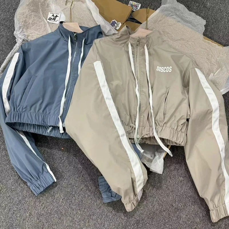 

Fashion Patchwork Elastic Hem Jacket Women Autumn Casual Turn-down Collar Drawstring Cardigan Top Streetwear Vintage Crop Coat