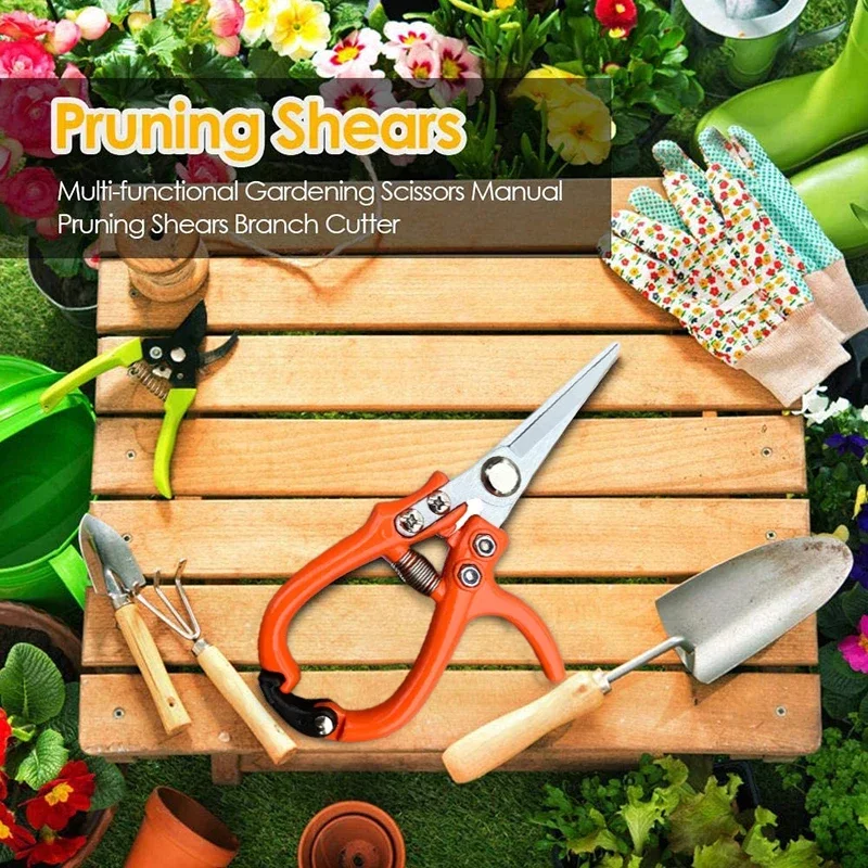 Multi-functional Garden Scissors Manual with Safety Buckle Stainless Steel Spring Gardening Pruning Shear Branch Plant Cutter