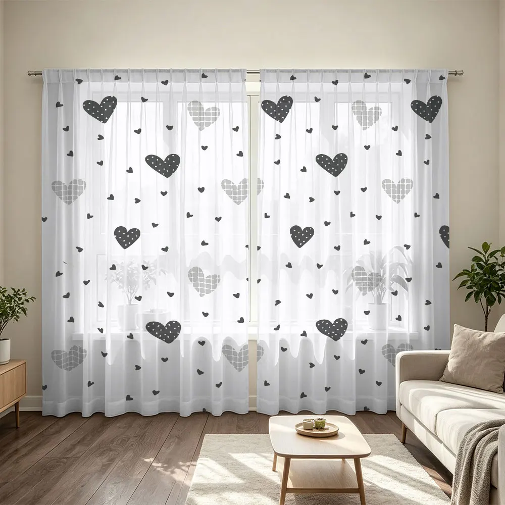 90g rod-mounted curtains, set of two, featuring a black-and-white-grey heart pattern, suitable for home decoration