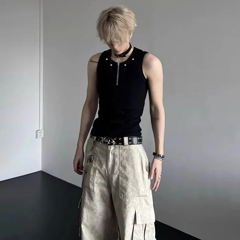 LUZHEN Zipper Rivet Metal Decorate Solid Color Street Wear Men's 2025 Summer Slim Sleeveless T-shirts Trendy Tank Tops JY2794