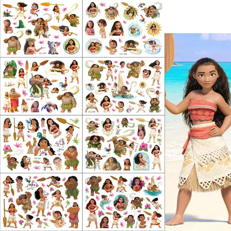 Pegatinas de tatuaje de Moana de dibujos animados de Disney para niños, Tatuajes Temporales, arte corporal, juguetes de fiesta de Cosplay para