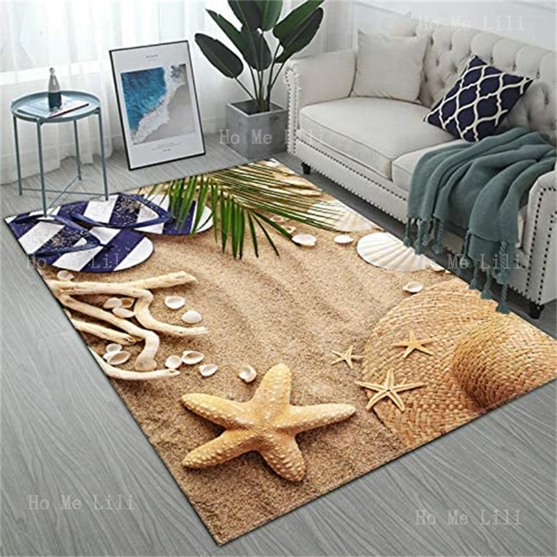 Beach Accessories Starfish Flip Flops Shell Straw Hats Pattern Flannel Floor Rug Modern Non Slip Carpet For Living Room Bedroom