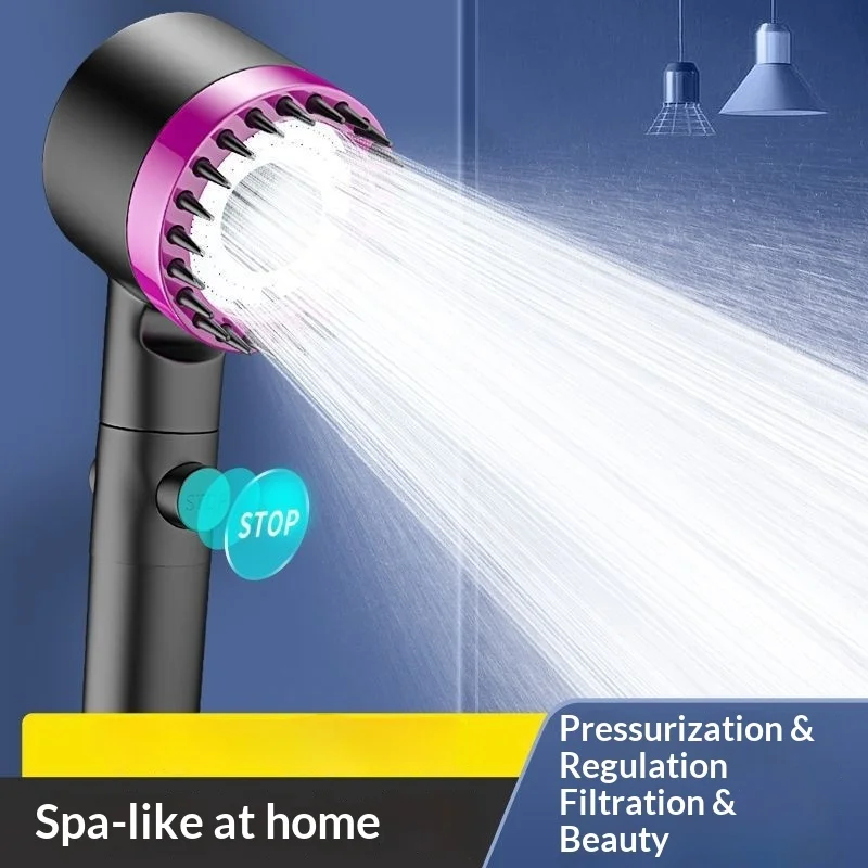 Black Purple High Pressure Water Saving Shower Head Set 3 Modes Adjustable One Key Water Stop Hard Water For shower use only