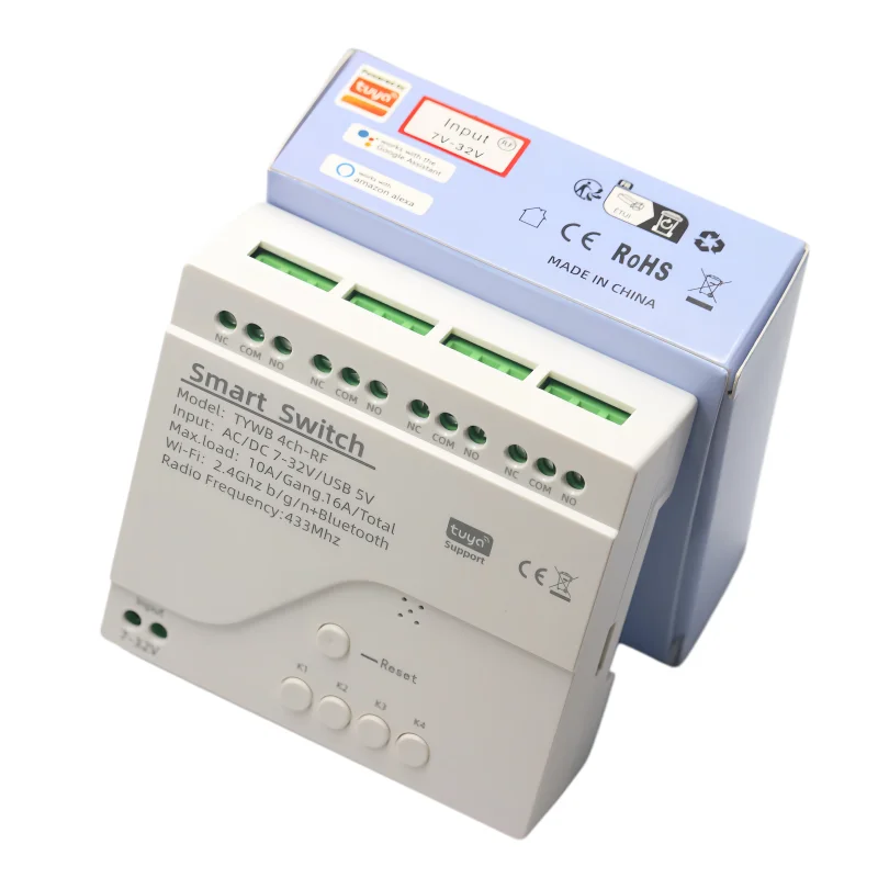 

7-32V/85-250V 4CH Tuya Smart WiFi Relay Switch with 433MHz RF Remote Control 10A Smart Home System