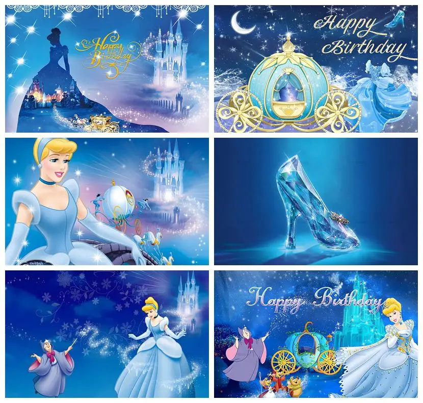 Cinderella Backdrop Blue Dress Blonde Princess Girls Birthday Party Decortion Banner Clock Baby Shower Custom Background