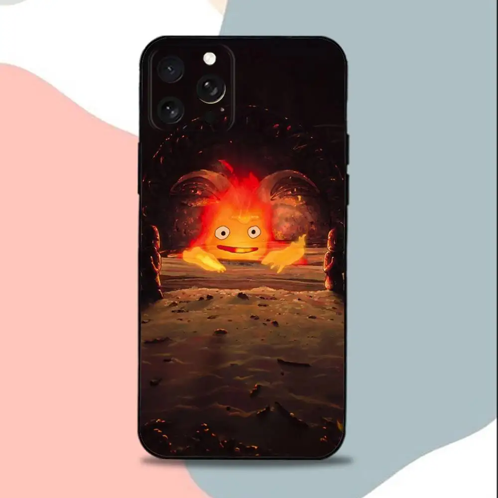 F-Fire C-Calcifer 可愛いスマホケース iPhone 15、13、16、12、11、17、14、Plus、Pro、Max、XS、XR、X、SE、Mini対応 ソフトシリコン製 ブラックカバー
