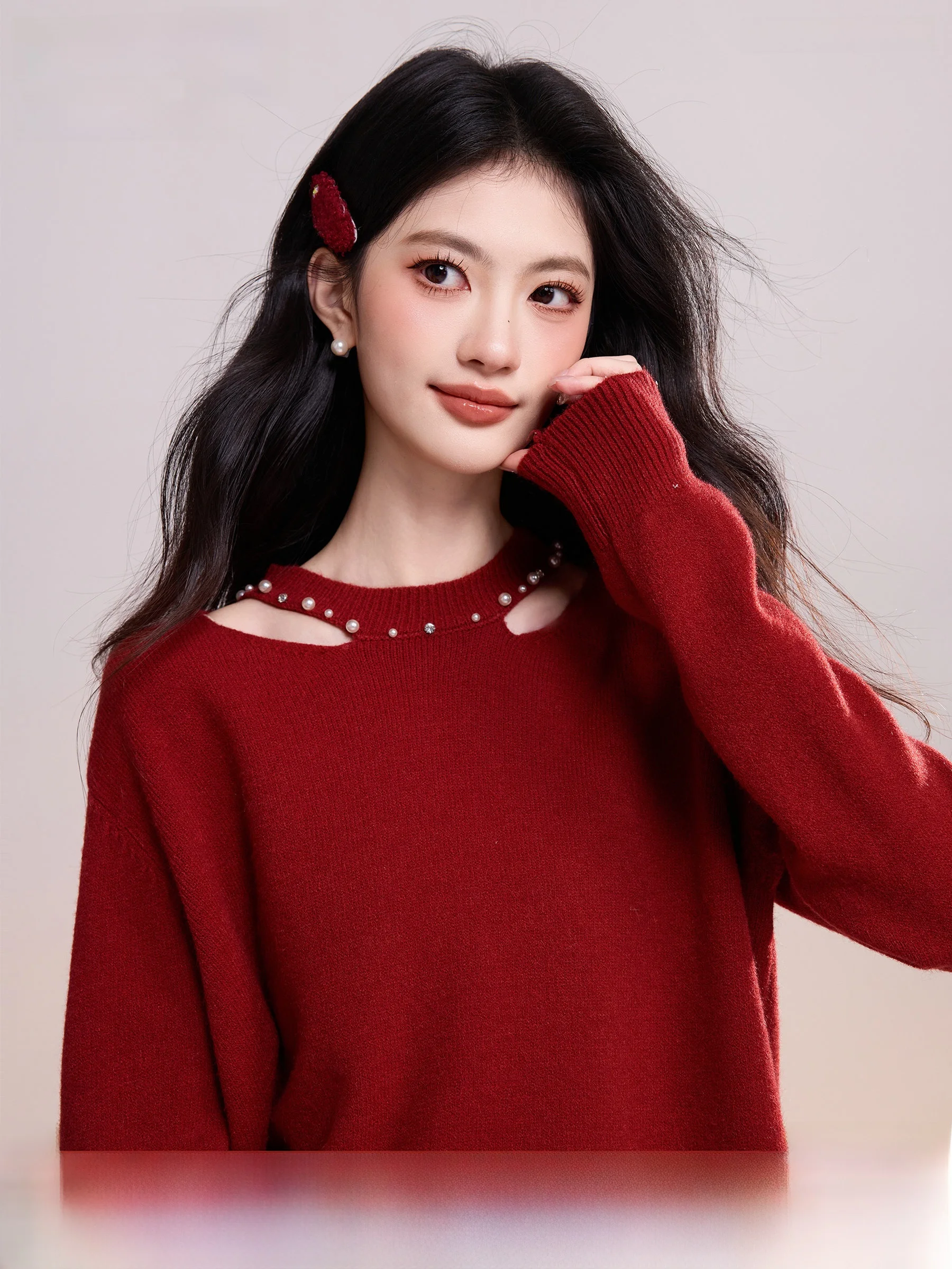 

Red Hollow out Ne Sweater Women's Winter Faion Lazy Sle New Year's Outfit Lingjiu Commute Sle Long Sve Thermal