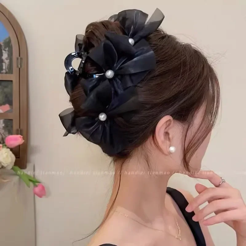 Bowknot Hair Claw Clips Lace Mesh Bow Solid Color Hair Clips for Women Korean Girls Pearl Barrettes Clip Sweet Hair Accessories