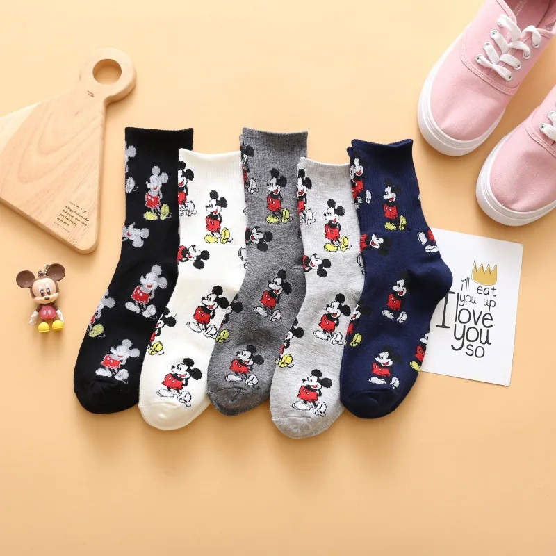

5 Pair/lots Mickey Mouse Women Cotton Loose Socks Autumn Winter Knitting Solid Long Black White Korean Student Girls Stockings