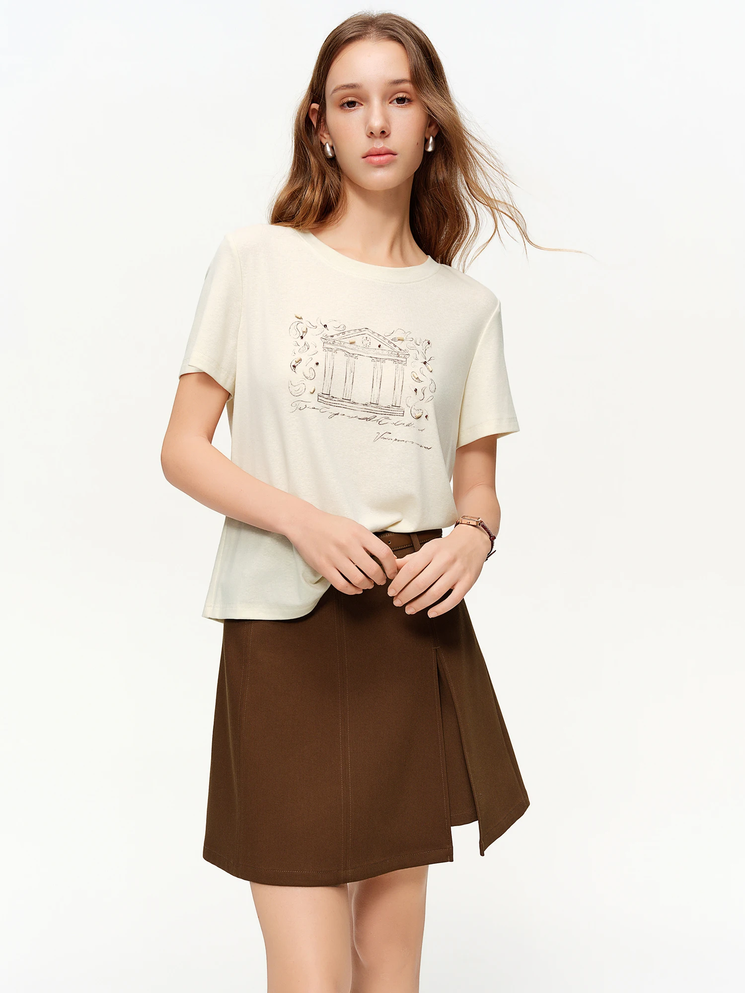 DUSHU 2026 Spring Women's Vintage Pattern Beaded Accent Round Neck Short Sleeve T-Shirt - Comfortable Casual Daily Wear