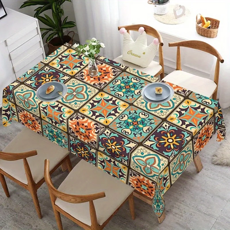 1Pc Vintage Bohemian Style Tablecloth Multicolor Geometric Floral Patchwork Print Table Cover For Dining Kitchen Party Decorativ