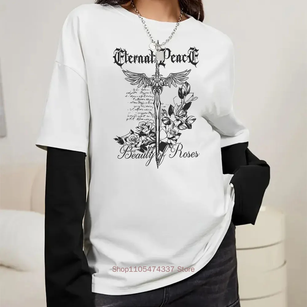 Women Sword Y2K Print Graphic Fake Two Long Sleeved T-shirts Fashion Gothic Retro Casual Loose Fake Two Long Sleeved T Shirt