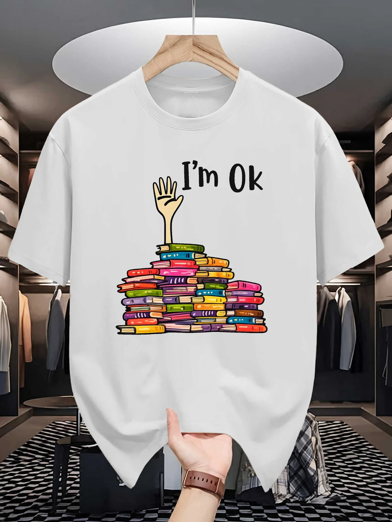 Mens Im Ok Book Stack Graphic Tee Funny Book Lover Print O Neck Short Sleeve Cotton Tops Casual Street Wear For Bookworm Men