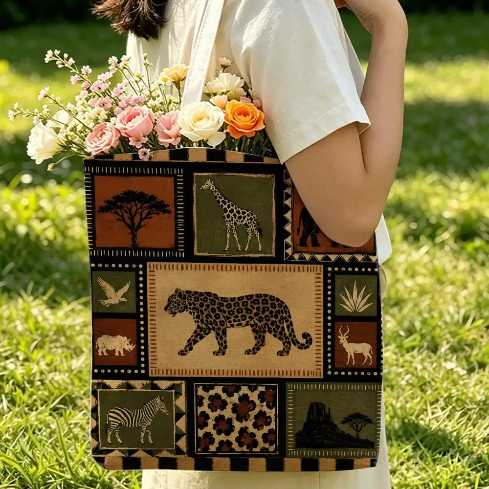 Middle Ancient Style Maillard Color Storage Bags Canvas Double-Sided Print Durable Tote Bag Beach Travel Picnic Foldable Handbag