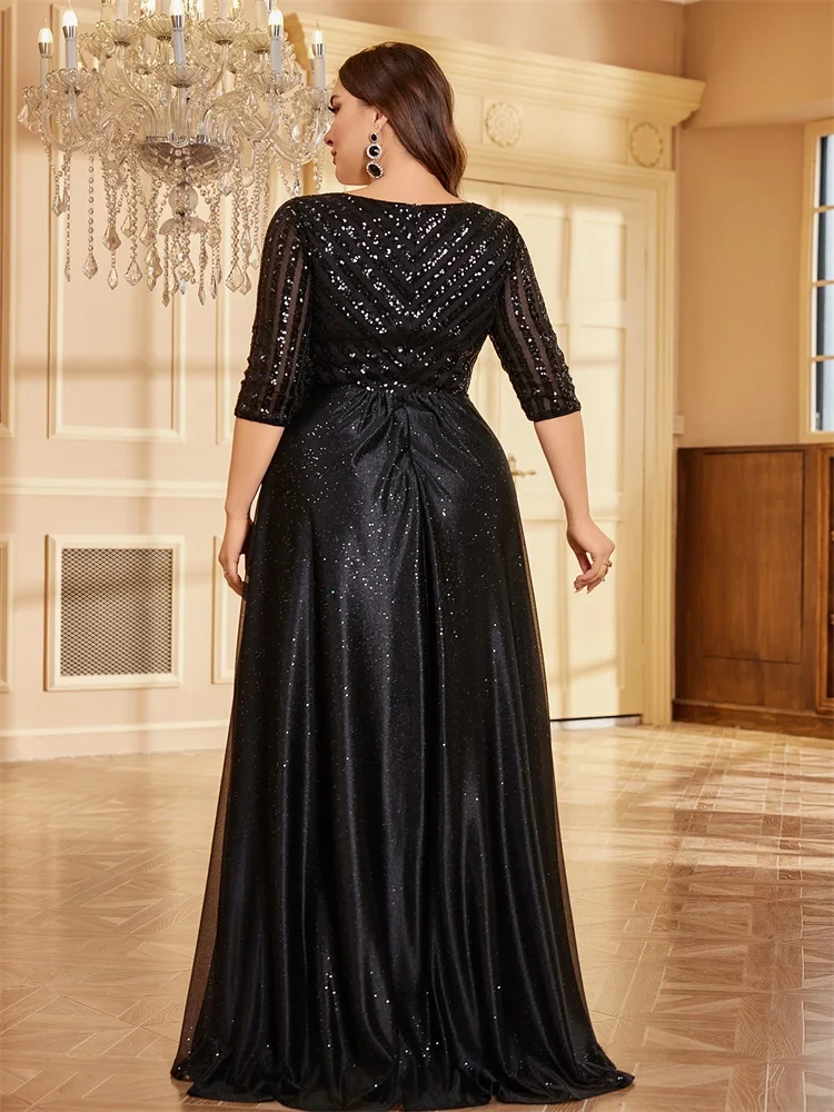 XUIBOL Plus Size Luxury Black Sequin V-Neck Evening Dress Women Chiffon Long Sleeve Party Maxi Prom Floor Lenght Cocktail Dress