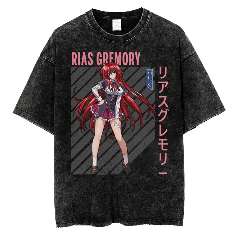 High School DxD Rias Gremory Merch Vintage Wash Tee T-Shirts Women Men Fashion Streetwear Short Sleeve Top