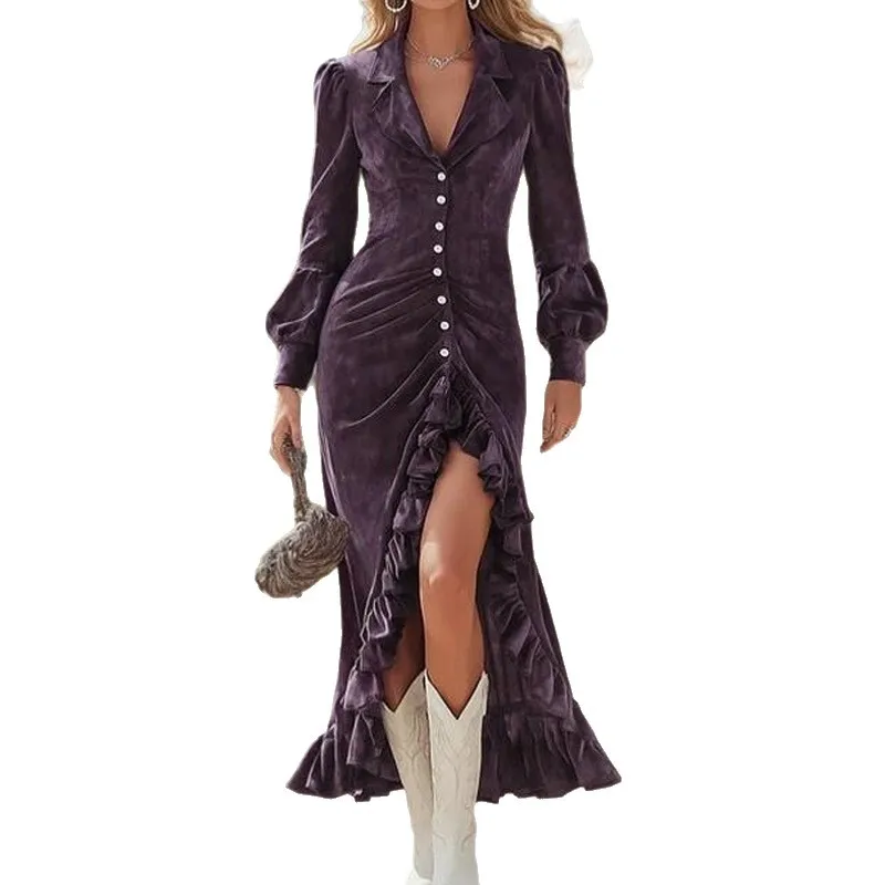 

Elegant French Style Pure Color Women's Dress Slimming High Waist Long Sleeve V-Neck Princess Evening Dress