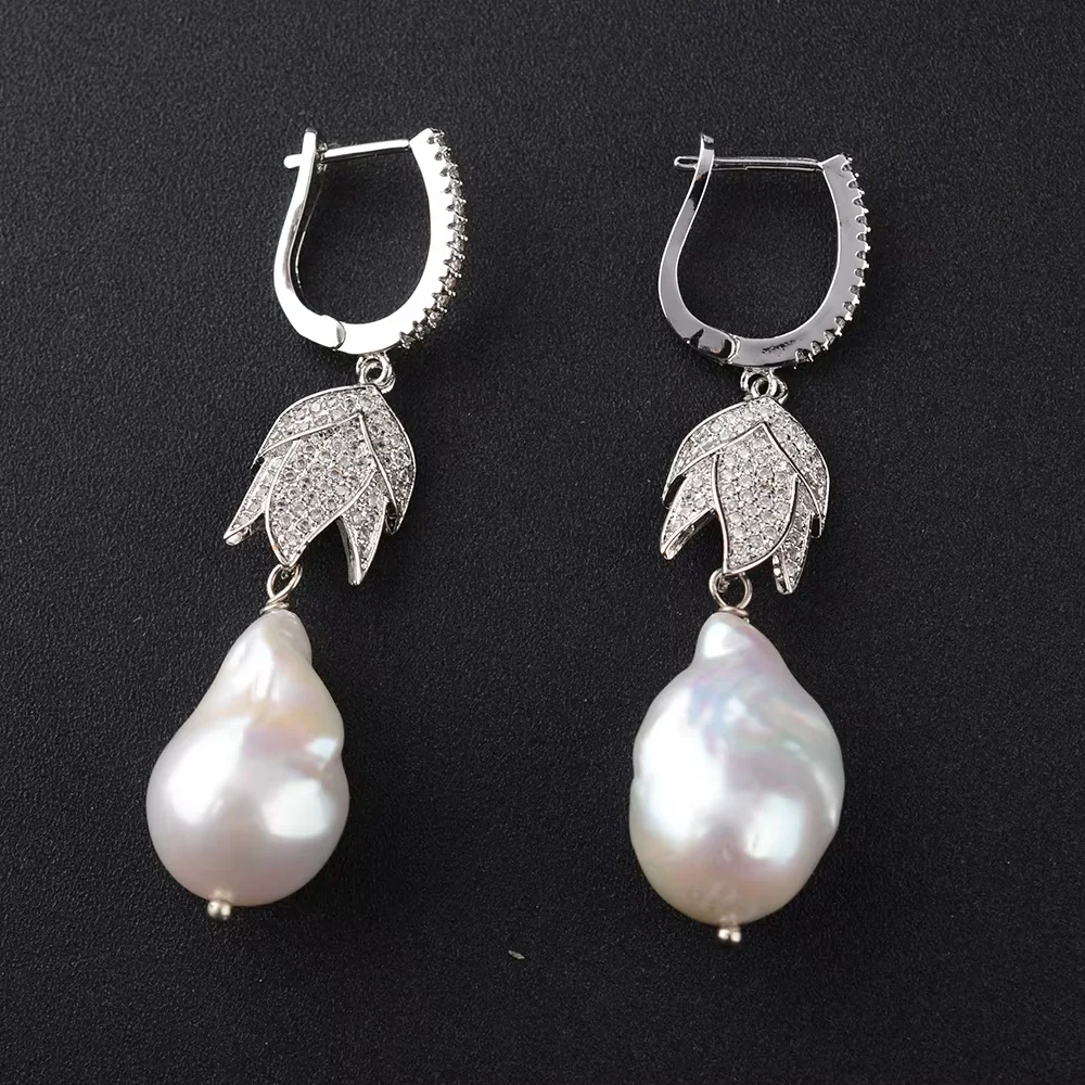 

2.2'' 15x24MM White Keshi Pearl CZ Lever Back Earrings