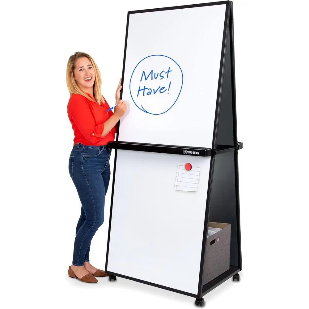 

Двусторонняя магнитная доска для сухого стирания на колесиках, портативная офисная и школьная белая доска, со встроенными полками для хранения