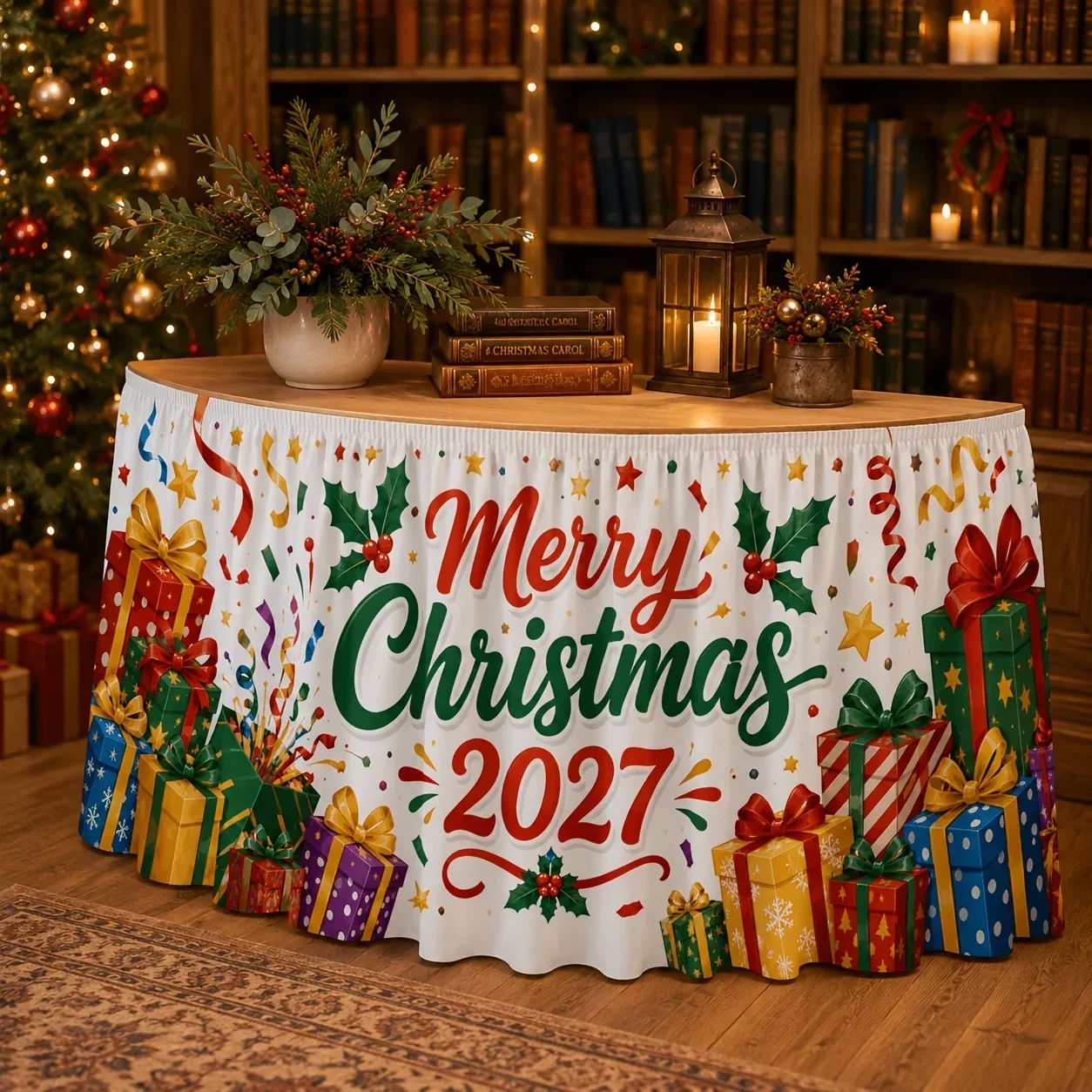 One-piece tablecloth and table skirt, 2027 Christmas Happy Gift Box Style, Winter Green Leaf sequin satinxzj