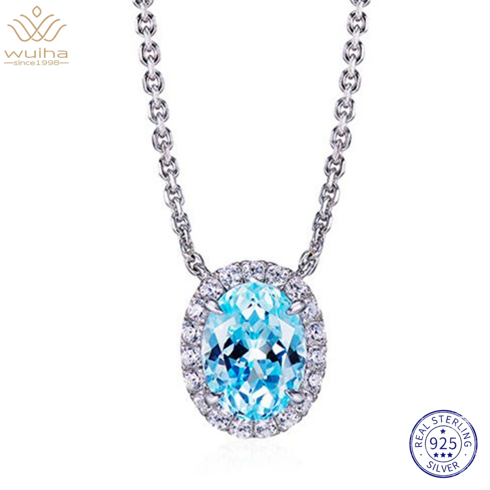 WUIHA 100% 925 Sterling Silver Sparkling Oval Aquamarine High Carbon Diamond Gemstone Pendant Necklaces Fine Jewelry Wholesale