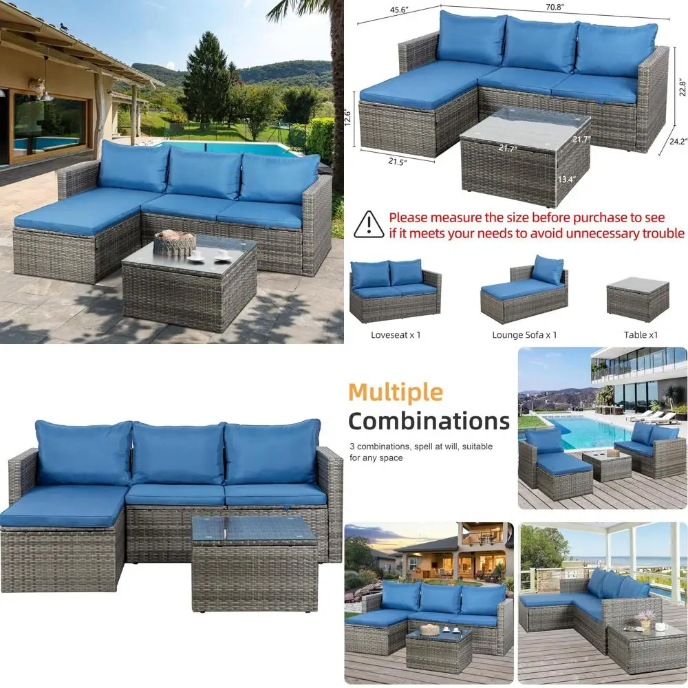 

Комплект из 3 предметов для улицы: всепогодный секционный диван из искусственного ротанга с кофейным столиком из стекла и подушками (синий)