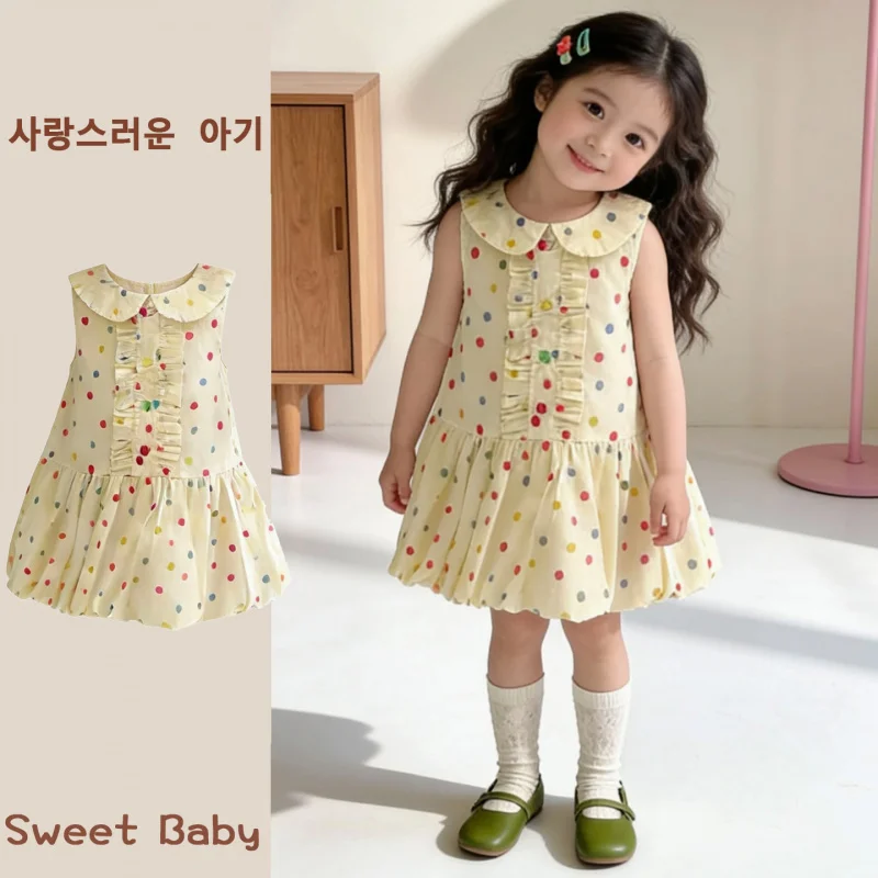 Girls' Dress26Summer new children's polka dot sleeveless tank dress for girls, sweet ruffled bud dress